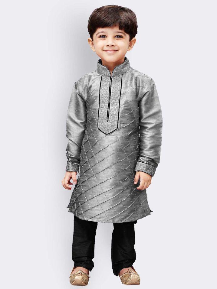 Vastramay Boys' Grey Cotton Silk Kurta and Pyjama Set