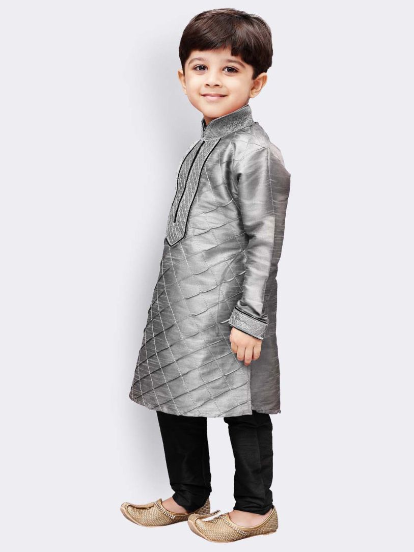 Vastramay Boys' Grey Cotton Silk Kurta and Pyjama Set