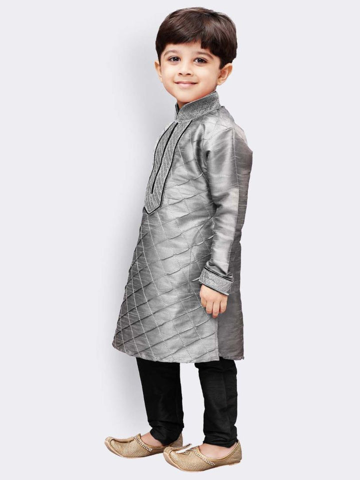 Vastramay Boys' Grey Cotton Silk Kurta and Pyjama Set