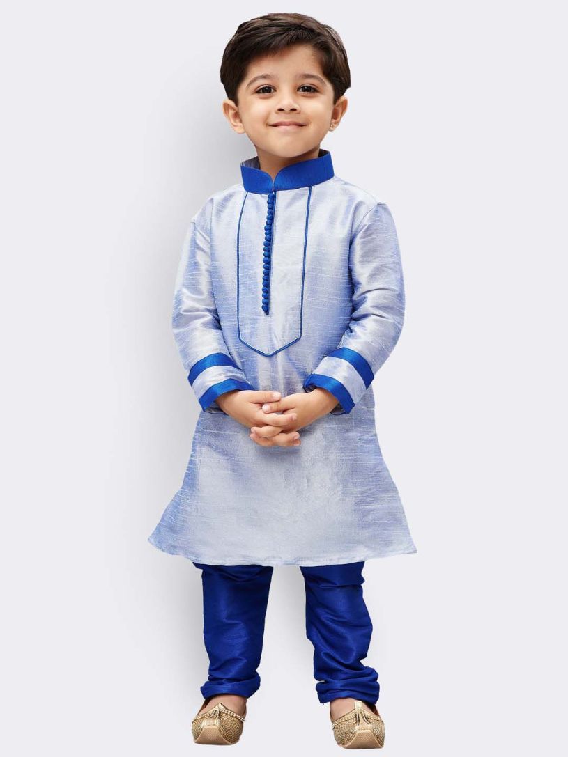 Vastramay Boys' Light Blue Cotton Silk Kurta and Pyjama Set