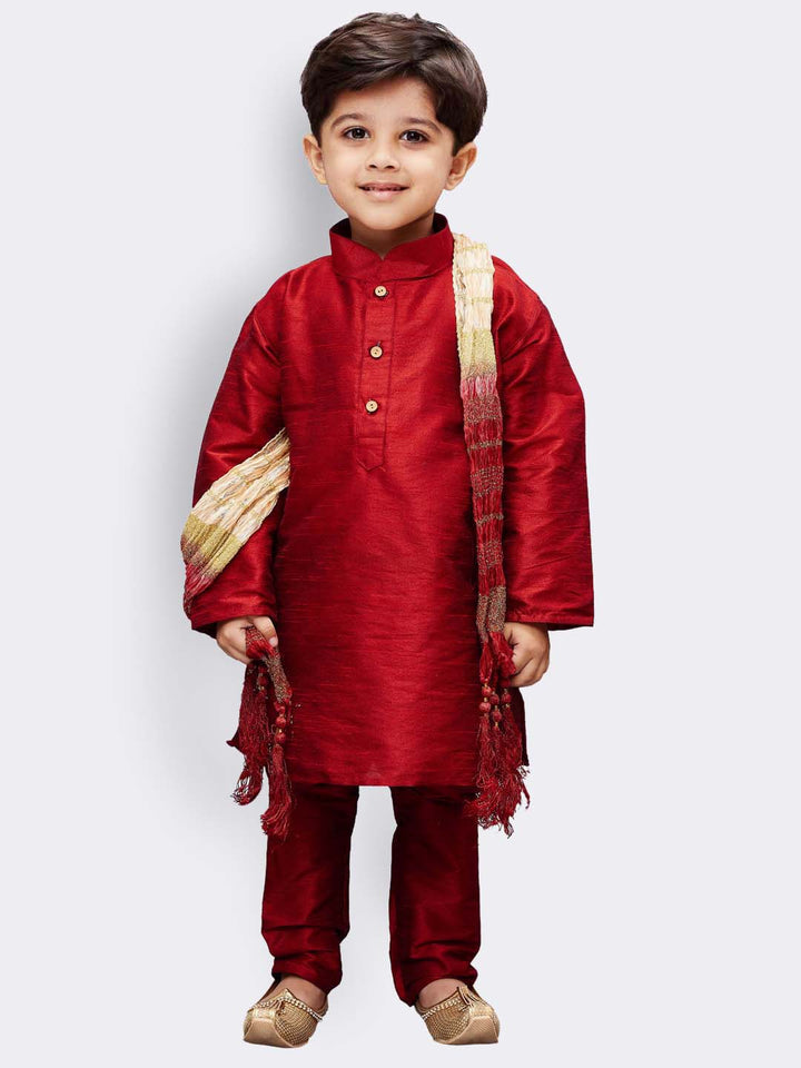 VASTRAMAY Boys' Maroon Cotton Silk Kurta, Pyjama & Dupatta Set