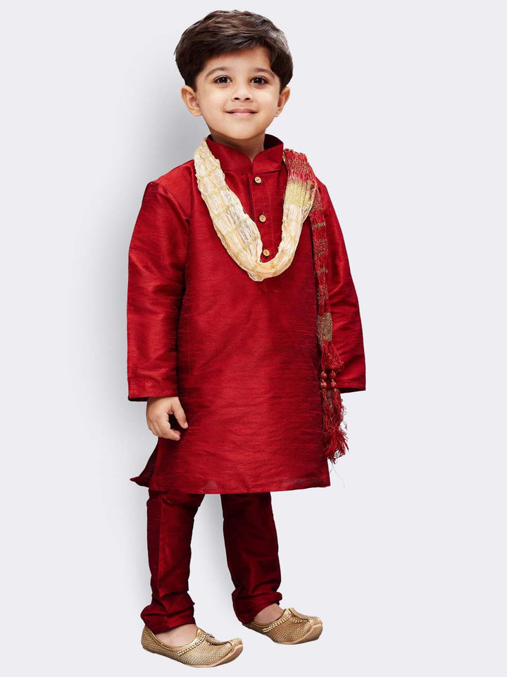 VASTRAMAY Boys' Maroon Cotton Silk Kurta, Pyjama & Dupatta Set