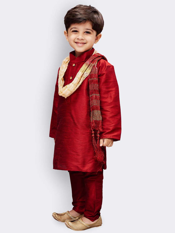 VASTRAMAY Boys' Maroon Cotton Silk Kurta, Pyjama & Dupatta Set