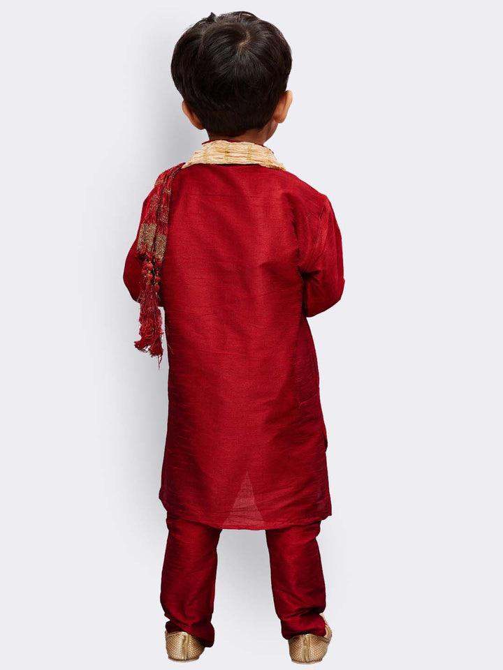 VASTRAMAY Boys' Maroon Cotton Silk Kurta, Pyjama & Dupatta Set