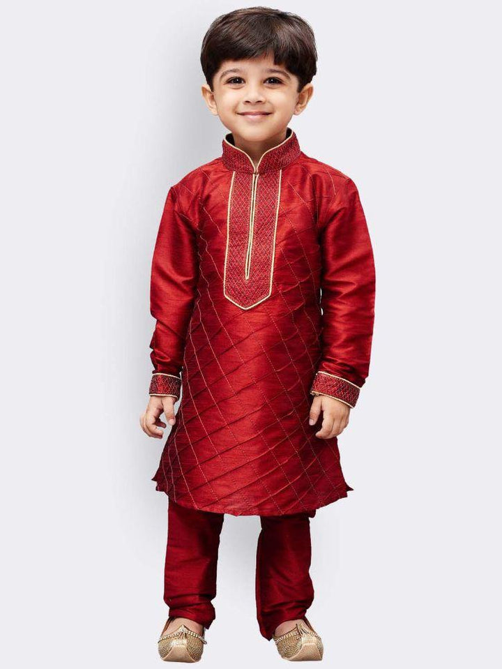 Vastramay Boys' Maroon Cotton Silk Kurta and Pyjama Set