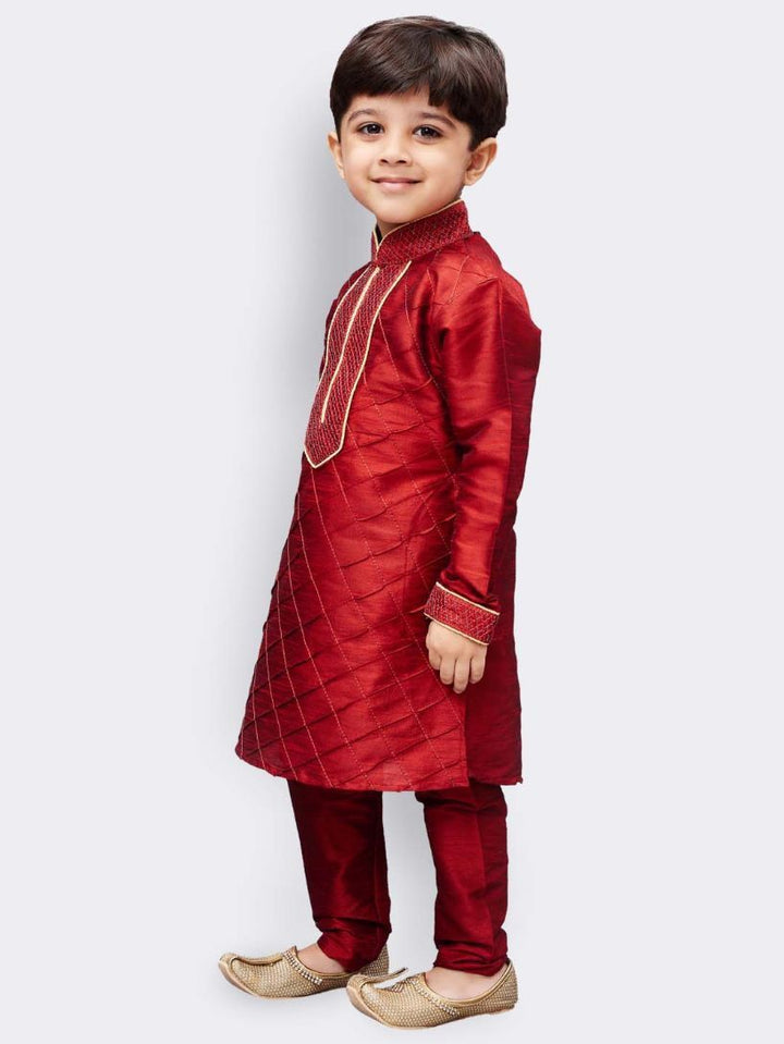 Vastramay Boys' Maroon Cotton Silk Kurta and Pyjama Set