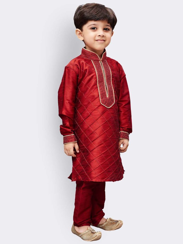 Vastramay Boys' Maroon Cotton Silk Kurta and Pyjama Set