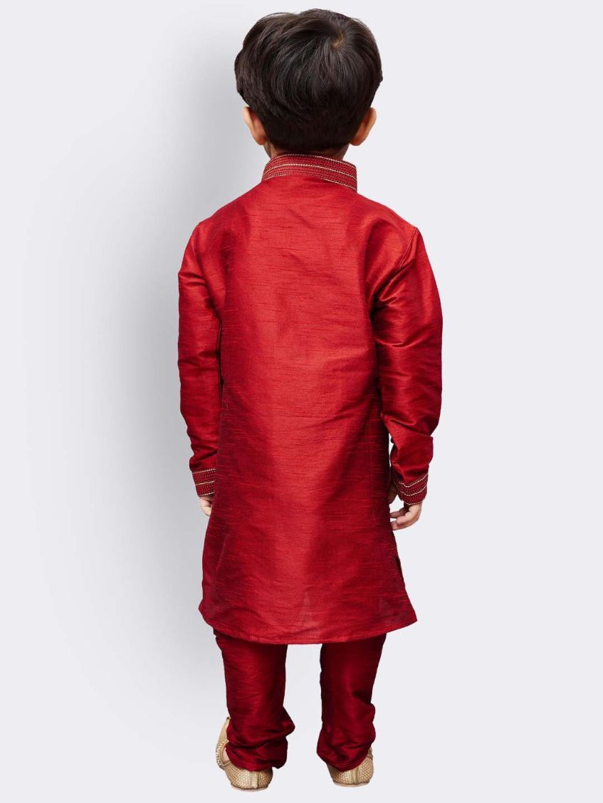 Vastramay Boys' Maroon Cotton Silk Kurta and Pyjama Set