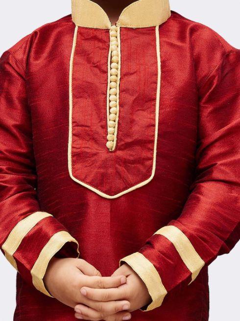 Vastramay Boys' Maroon Cotton Silk Kurta and Pyjama Set