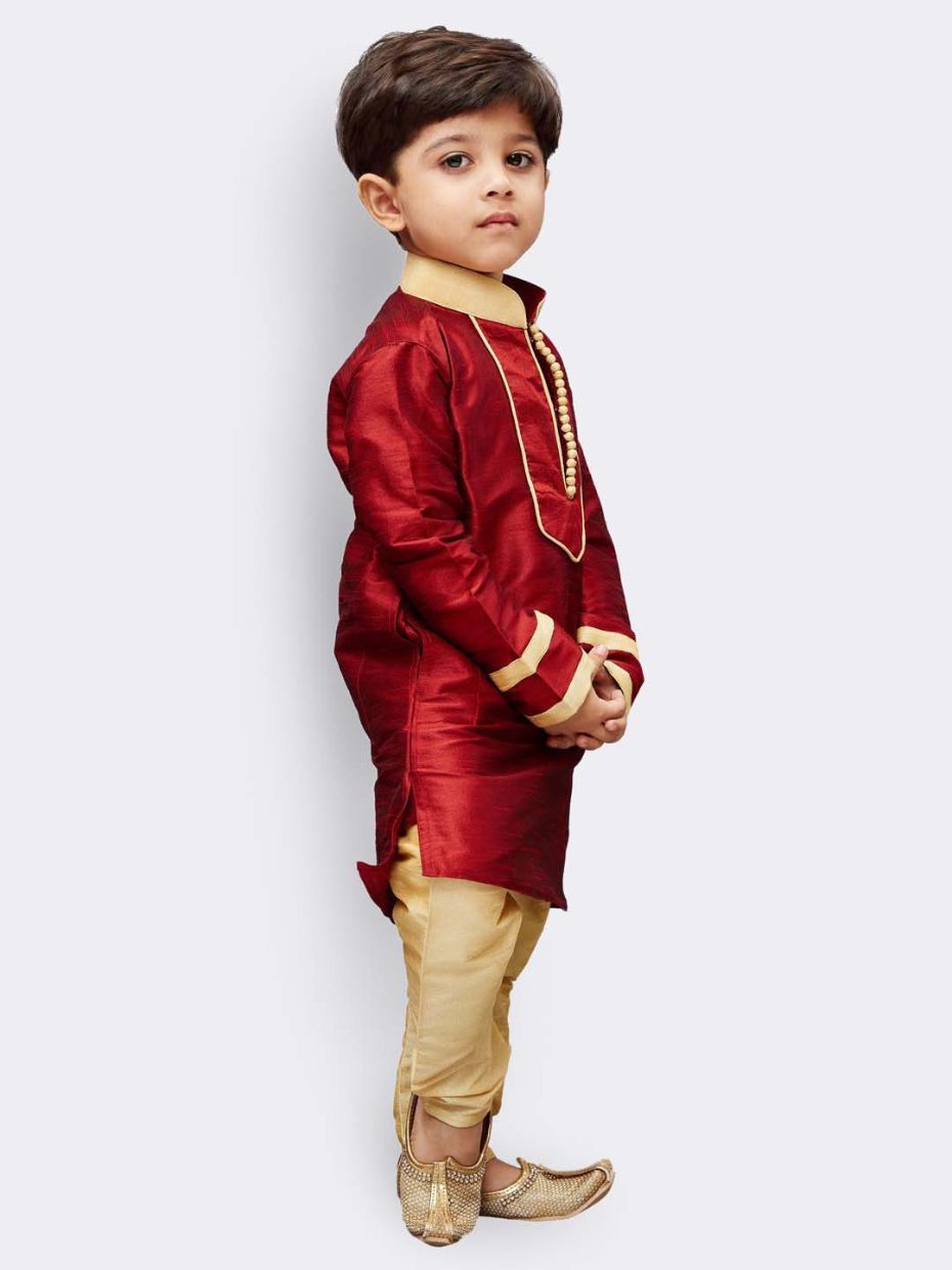 Vastramay Boys' Maroon Cotton Silk Kurta and Pyjama Set