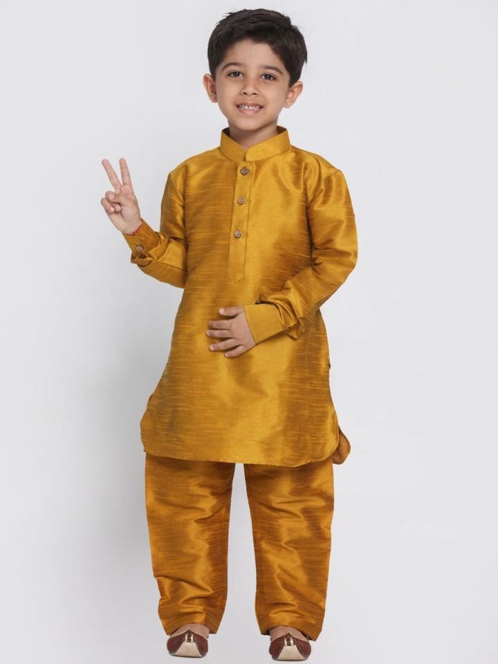 VASTRAMAY Boys' Yellow Cotton Silk Blend Kurta and Pyjama Set