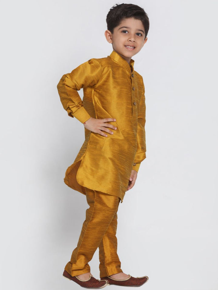 VASTRAMAY Boys' Yellow Cotton Silk Blend Kurta and Pyjama Set