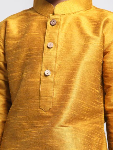 VASTRAMAY Boys' Yellow Cotton Silk Blend Kurta and Pyjama Set