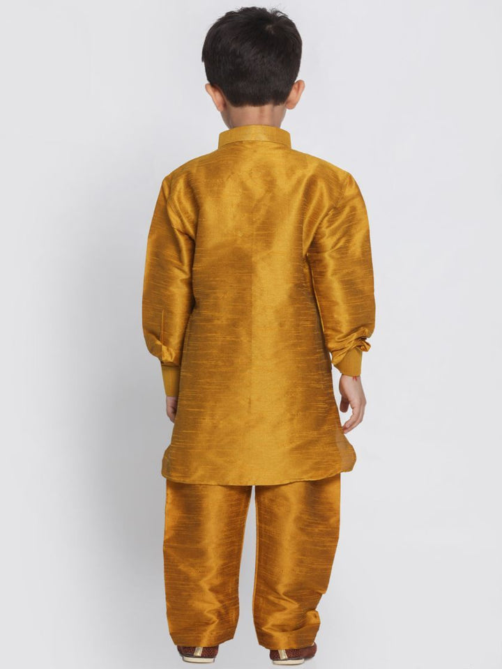 VASTRAMAY Boys' Yellow Cotton Silk Blend Kurta and Pyjama Set