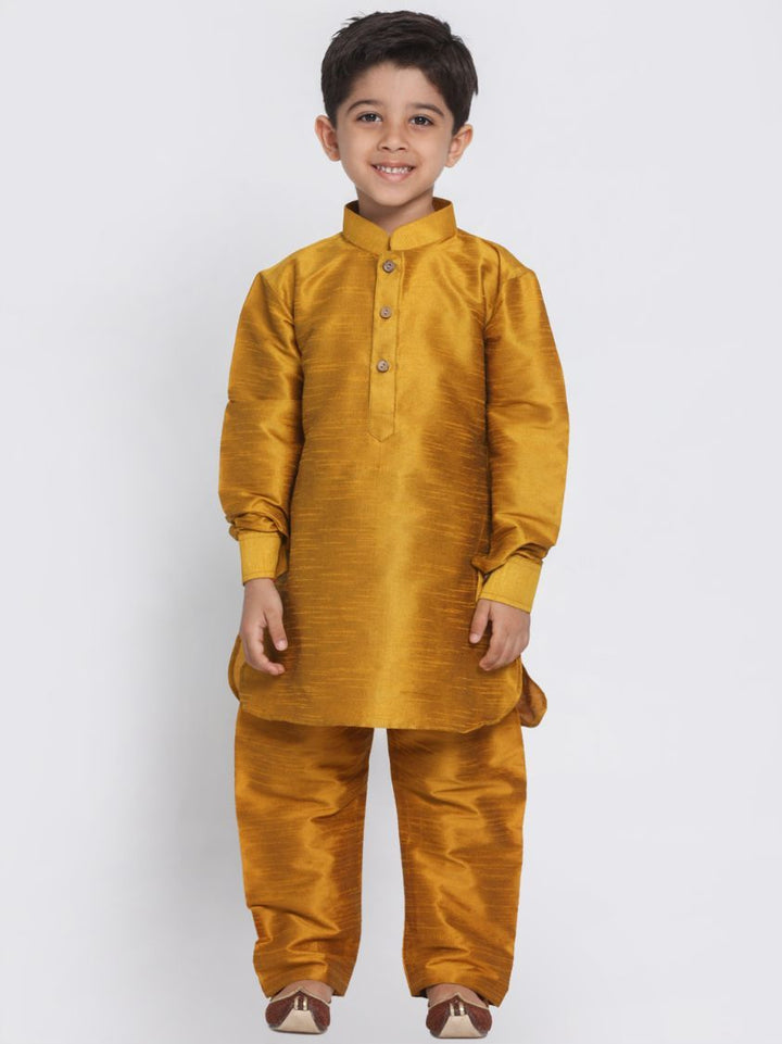 VASTRAMAY Boys' Yellow Cotton Silk Blend Kurta and Pyjama Set