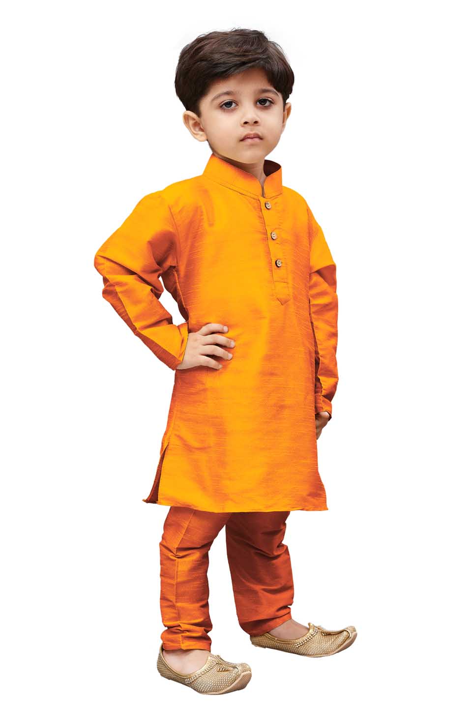 VASTRAMAY Boys' Orange Cotton Silk Blend Kurta and Pyjama Set