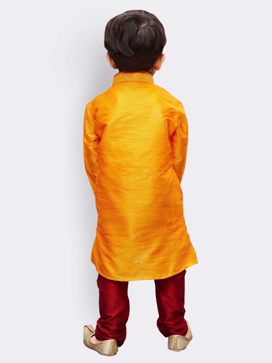 Vastramay Boys' Yellow Cotton Silk Kurta and Pyjama Set