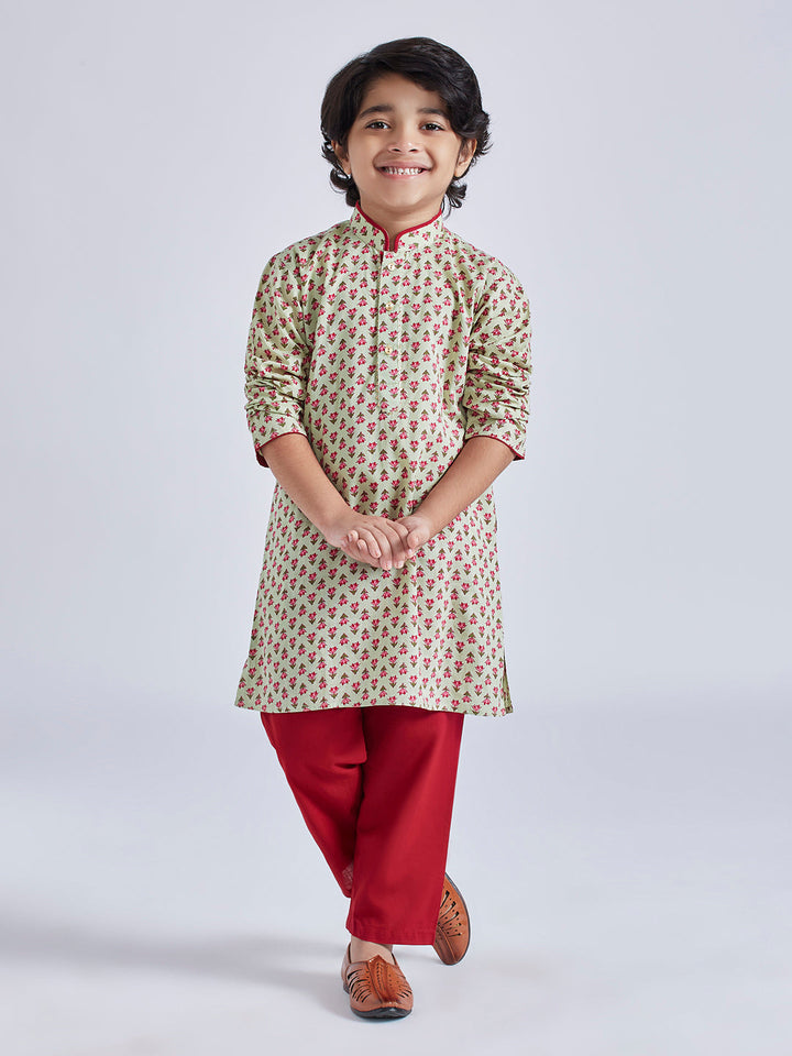 VASTRAMAY Boys' Mint Green Kurta Pyjama Set