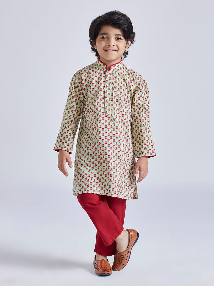 VASTRAMAY Boys' Mint Green Kurta Pyjama Set