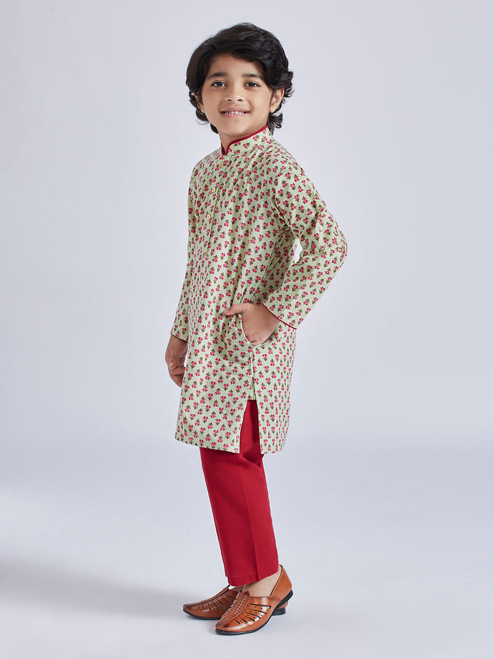 VASTRAMAY Boys' Mint Green Kurta Pyjama Set