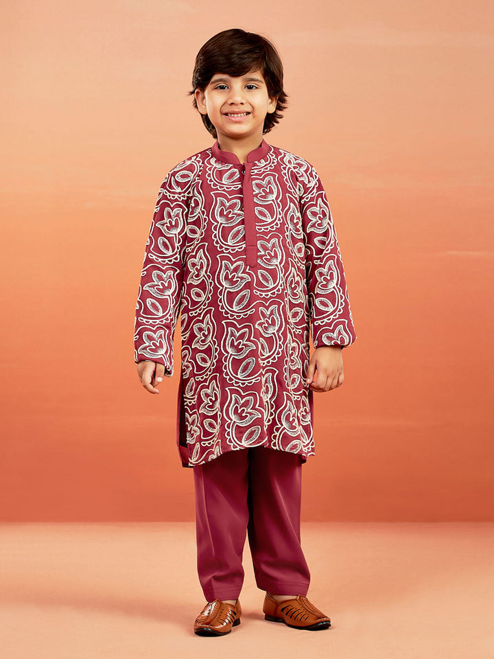 VASTRAMAY Boys' Maroon Kurta And Pyjama Set