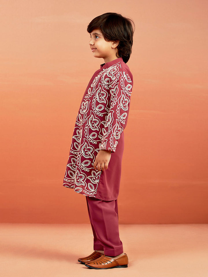 VASTRAMAY Boys' Maroon Kurta And Pyjama Set