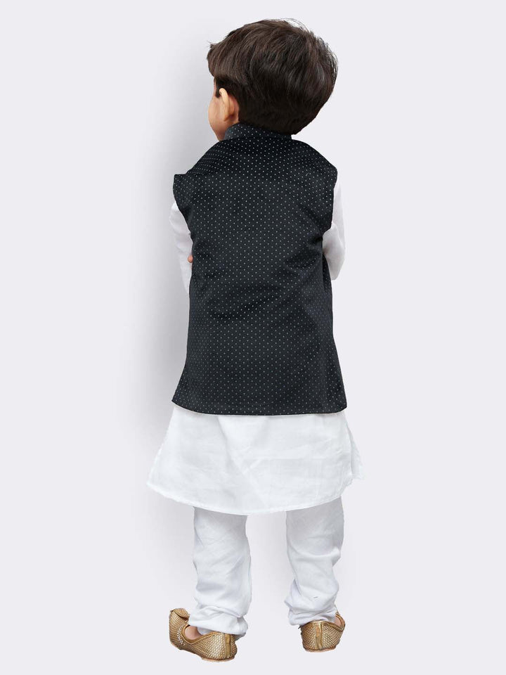 Vastramay Cotton White And Black Baap Beta Jacket Kurta Pyjama set