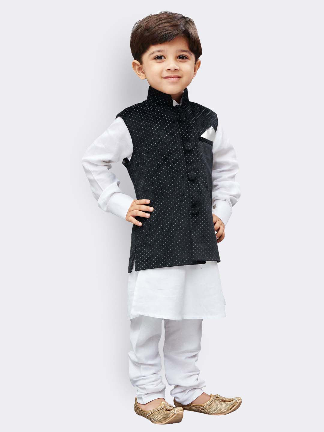 Vastramay Cotton White And Blue Baap Beta Jacket Kurta Pyjama set