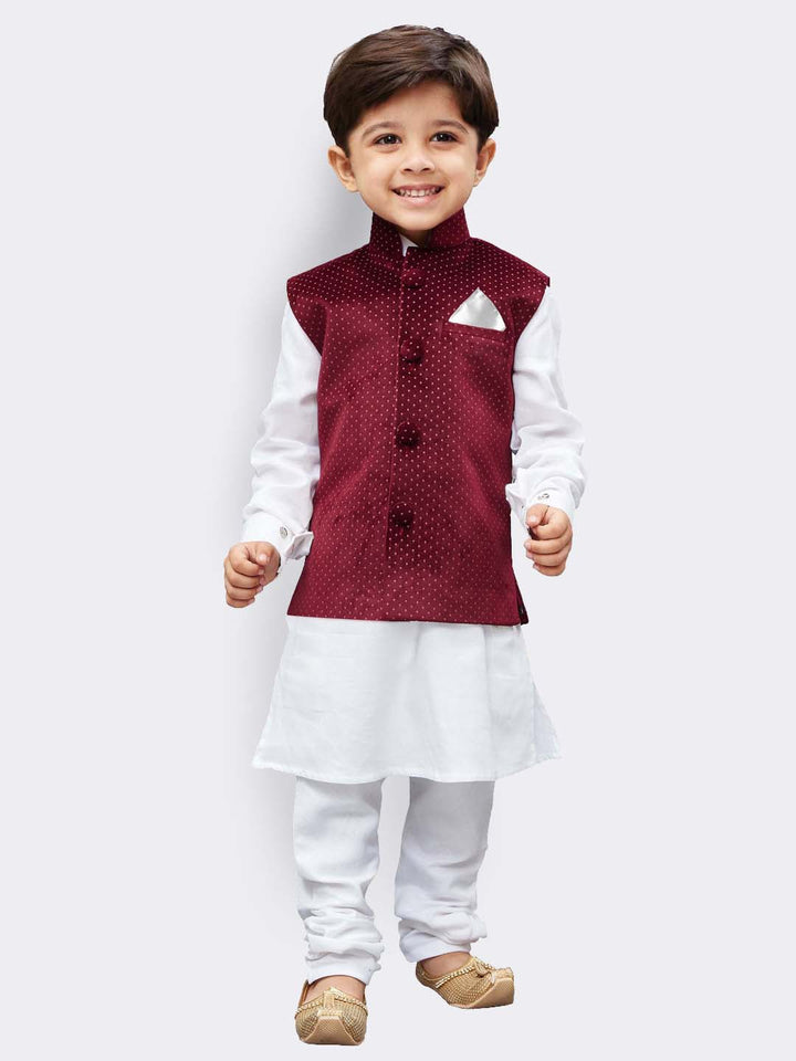 Vastramay Cotton White And Maroon Baap Beta Jacket Kurta Pyjama set