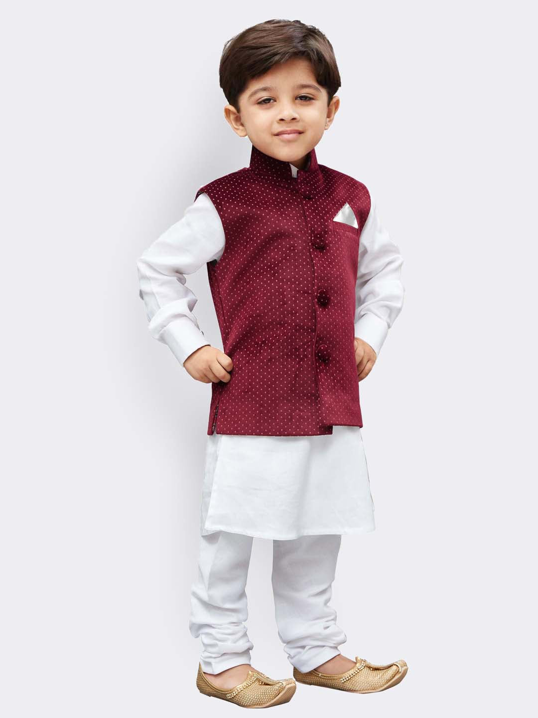 Vastramay Cotton White And Maroon Baap Beta Jacket Kurta Pyjama set