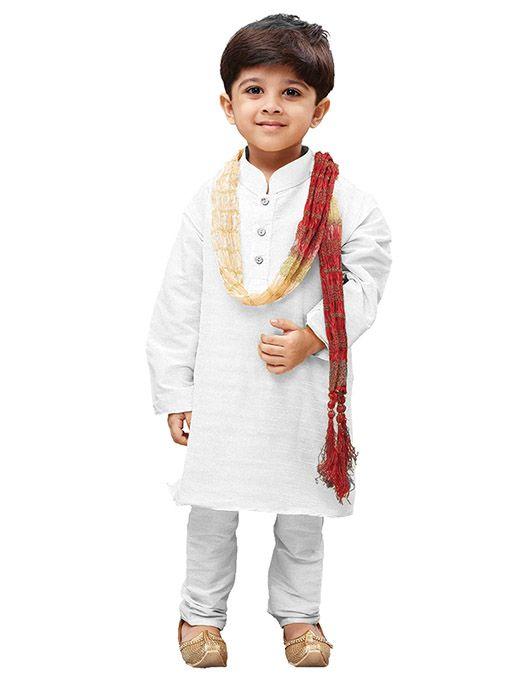 VASTRAMAY Boys' White Cotton Kurta, Pyjama & Dupatta Set