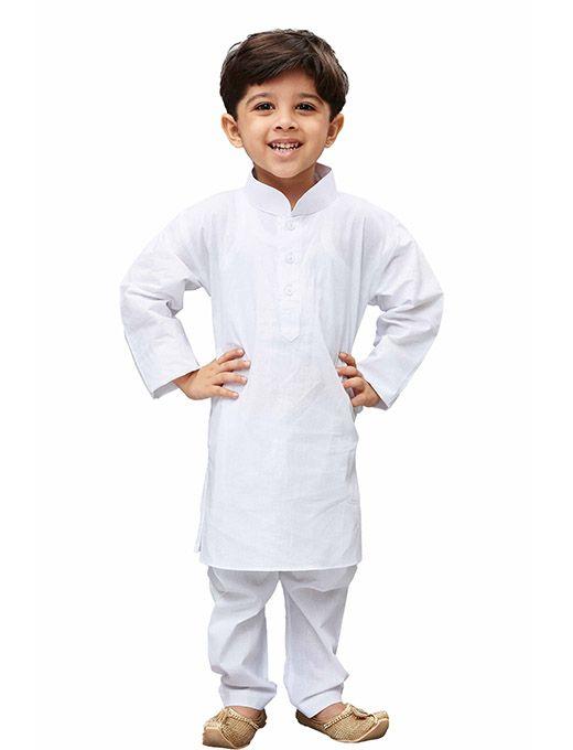 VASTRAMAY Boys' White Cotton Kurta, Pyjama & Dupatta Set