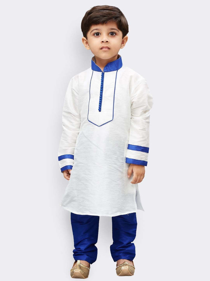 VASTRAMAY Boys' White Cotton Silk Kurta and Pyjama Set