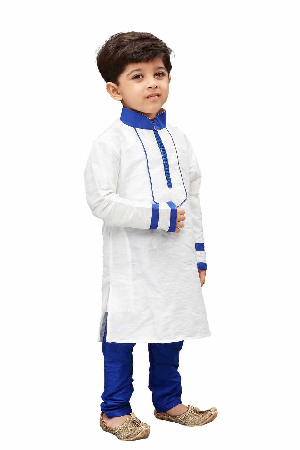 VASTRAMAY Boys' White Cotton Silk Kurta and Pyjama Set