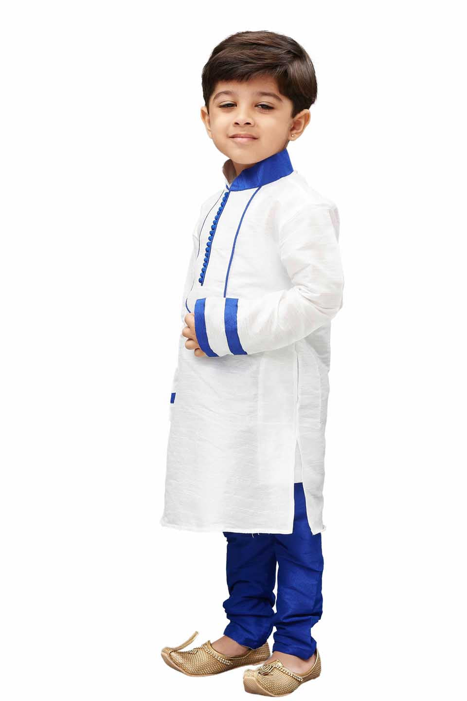 VASTRAMAY Boys' White Cotton Silk Kurta and Pyjama Set