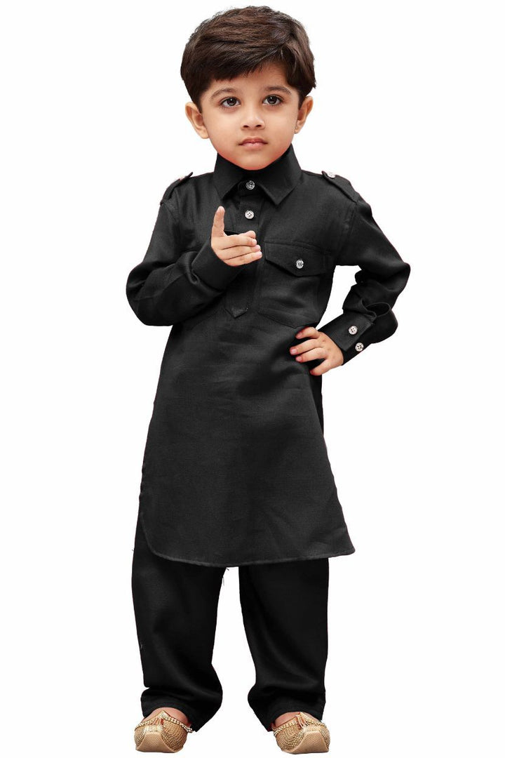 VASTRAMAY Boys' Black Cotton Pathani Kurta