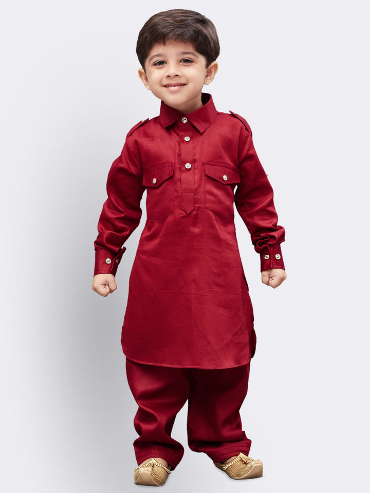 VASTRAMAY Boys' Maroon Cotton Pathani