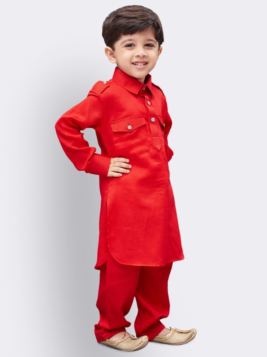 VASTRAMAY Boys' Red Cotton Pathani