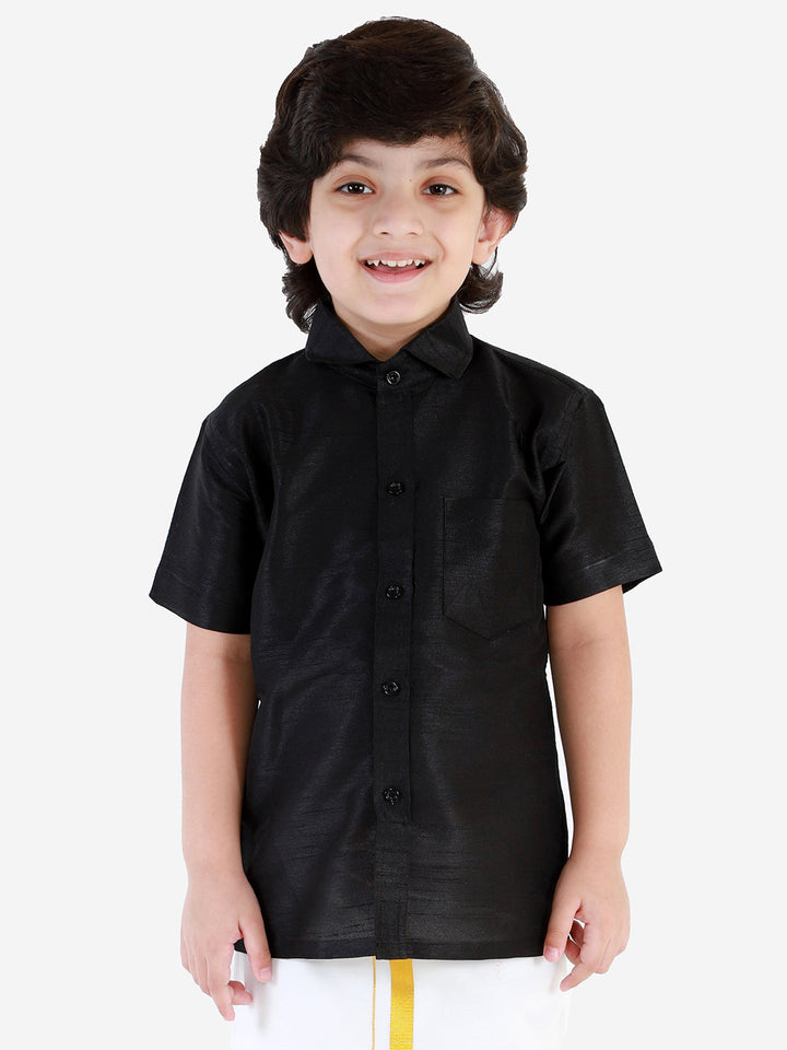 Vastramay Boys' Black Silk Short Sleeves Ethnic Shirt