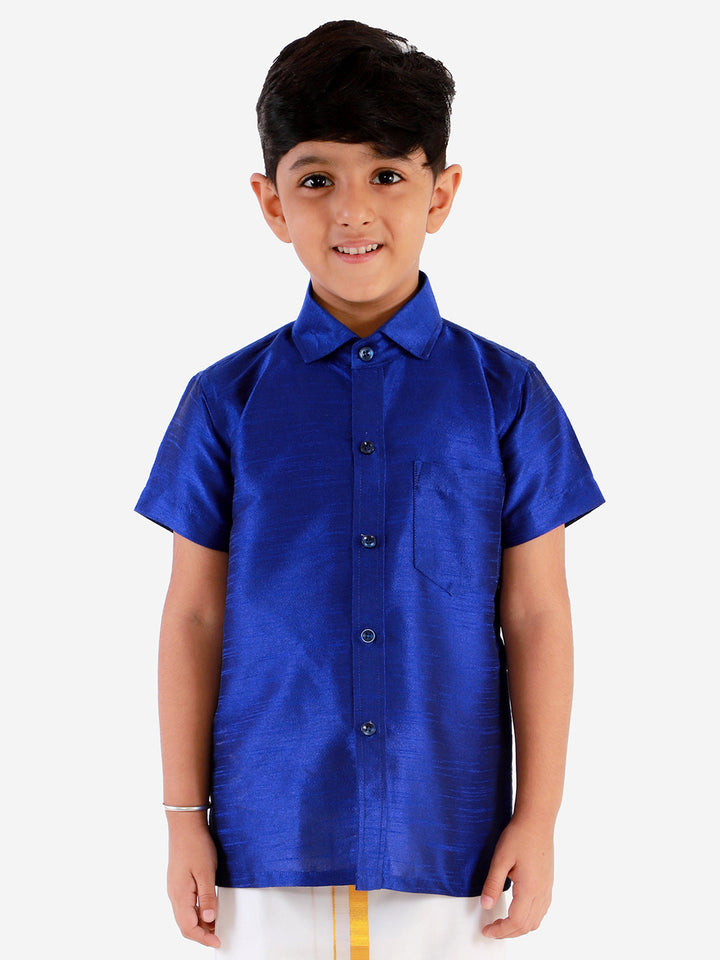 Vastramay Boys' Blue Silk Short Sleeves Ethnic Shirt