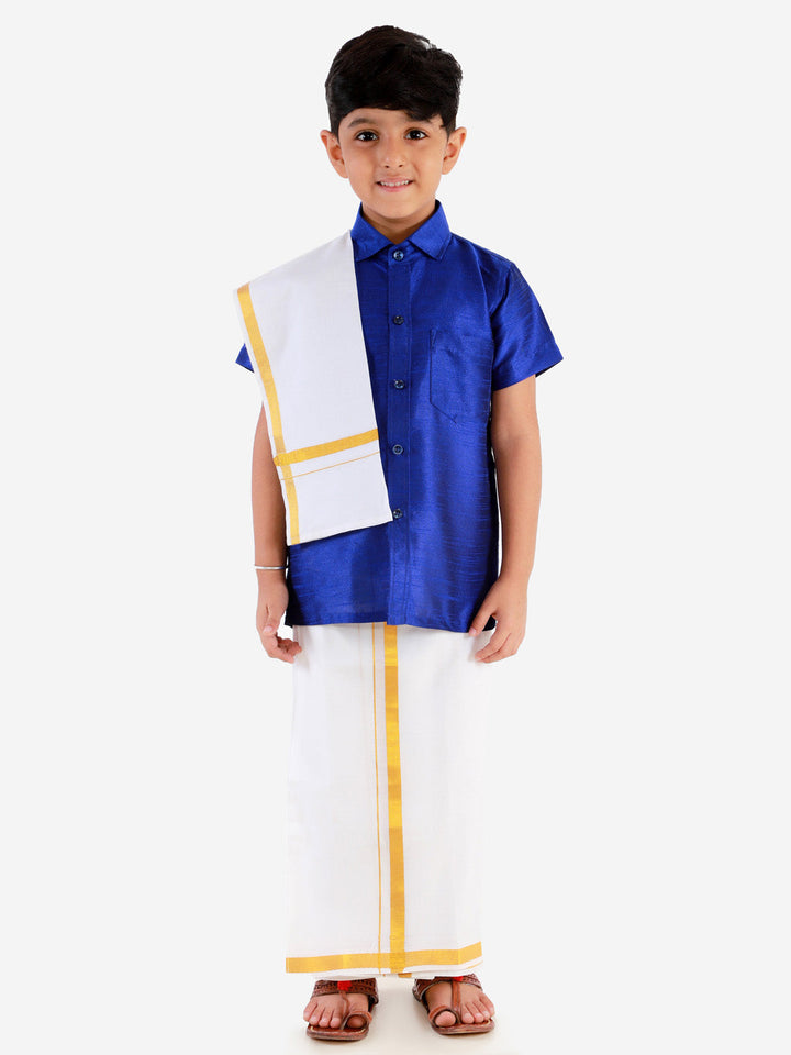 Vastramay Boys' Blue Silk Short Sleeves Ethnic Shirt