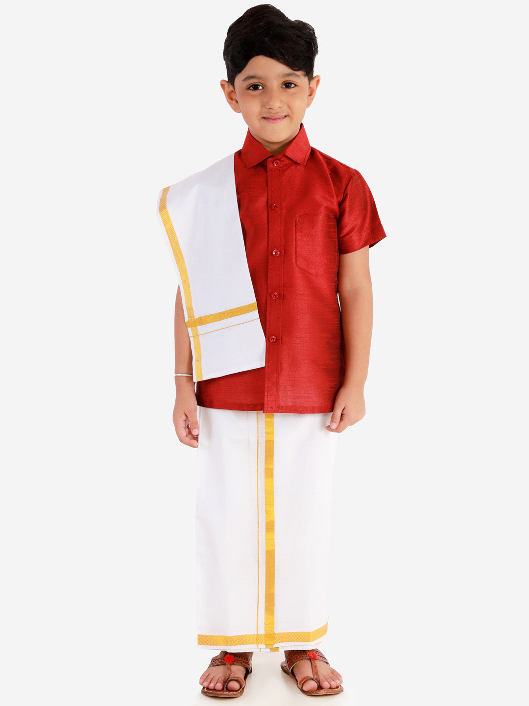 Vastramay Boys' Maroon Silk Short Sleeves Ethnic Shirt