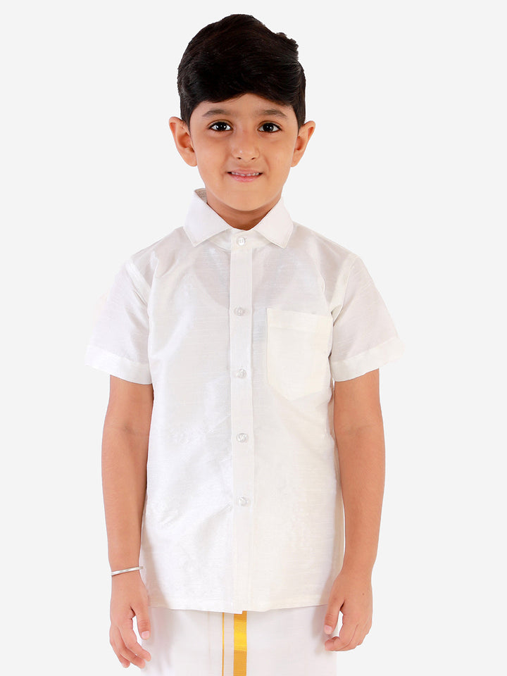 VASTRAMAY Boys' White Silk Short Sleeves Ethnic Shirt