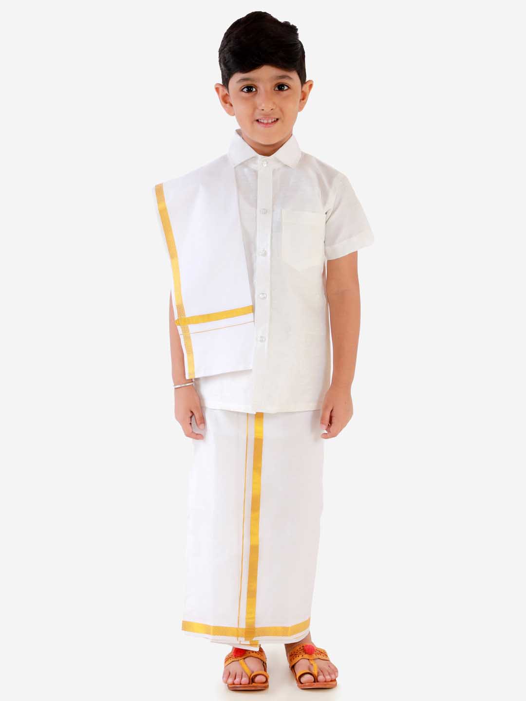 VASTRAMAY Boys' White Silk Short Sleeves Ethnic Shirt