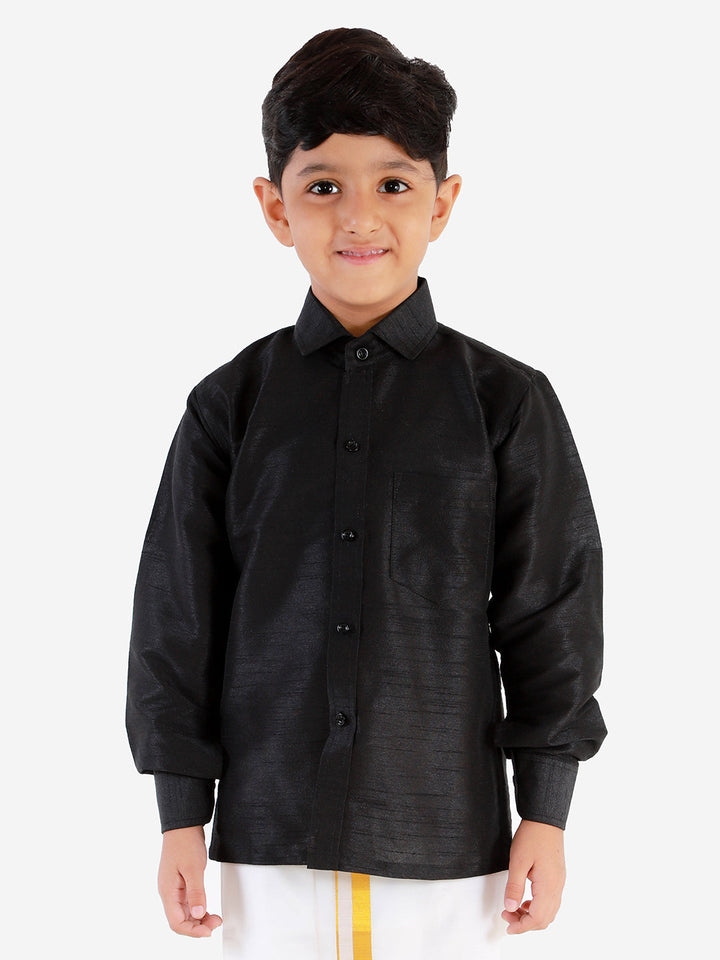 VASTRAMAY Boys' Black Silk Long Sleeves Ethnic Shirt