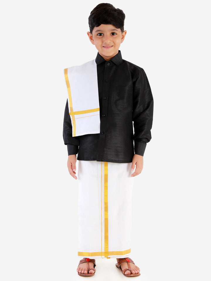 VASTRAMAY Boys' Black Silk Long Sleeves Ethnic Shirt