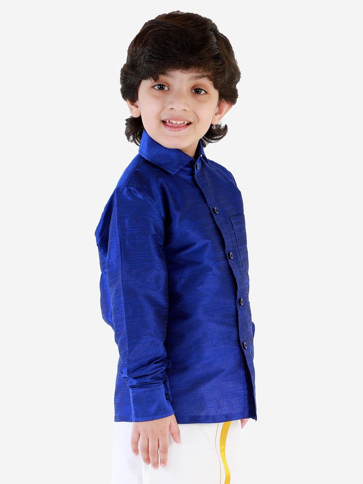 VASTRAMAY Boys' Blue Silk Long Sleeves Ethnic Shirt