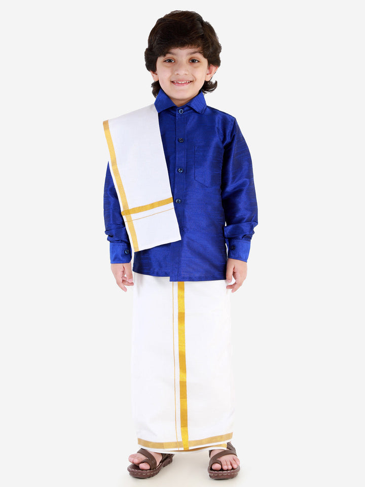 VASTRAMAY Boys' Blue Silk Long Sleeves Ethnic Shirt