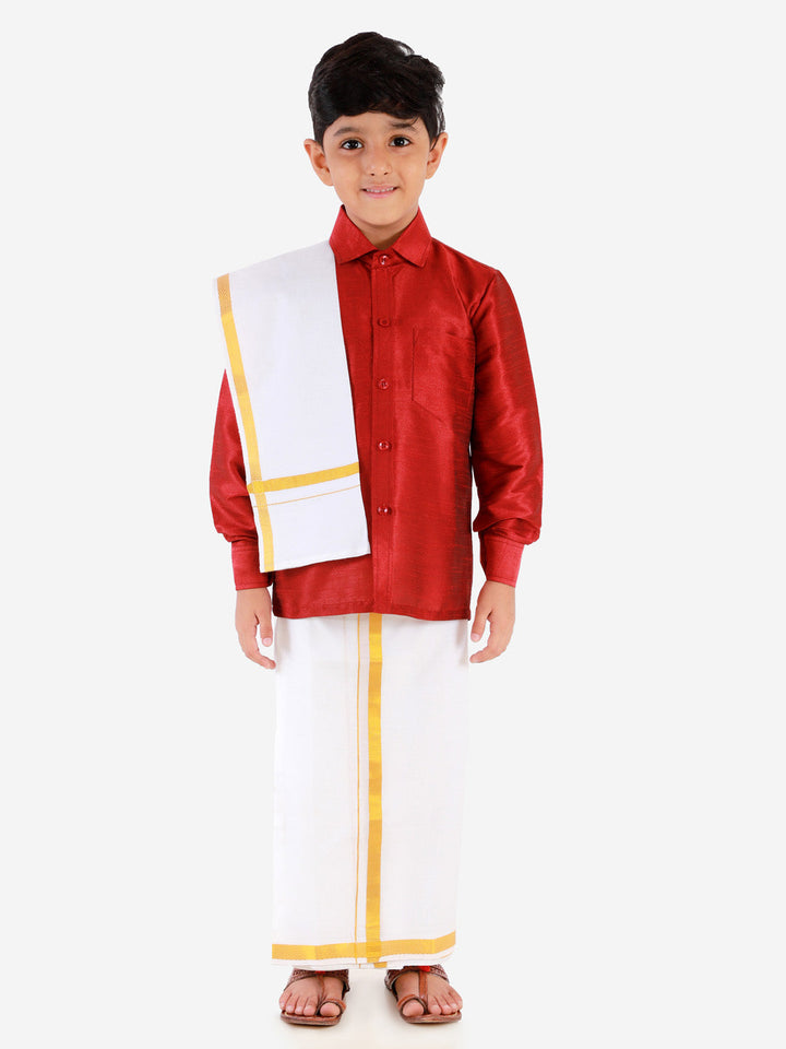 VASTRAMAY Boys' Maroon Silk Long Sleeves Ethnic Shirt