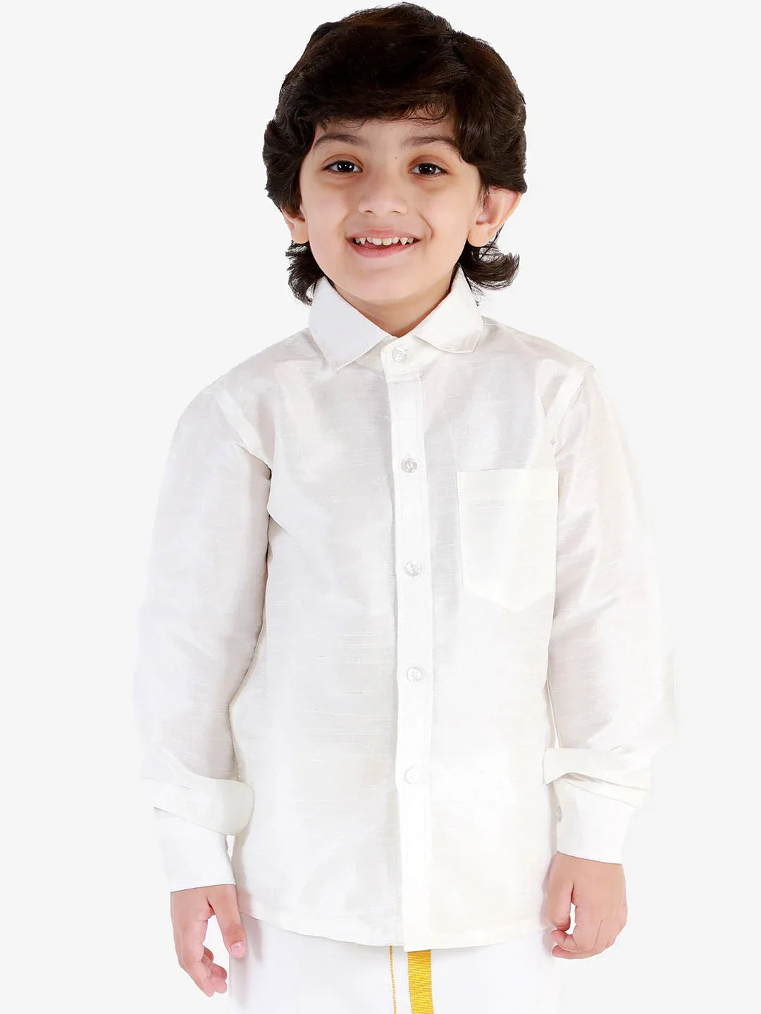 Boys' White Silk Long Sleeves Ethnic Shirt